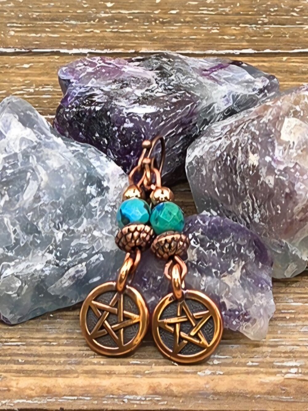 Faceted Azurite and Copper Drop and Dangle Earrings with Pentagrams